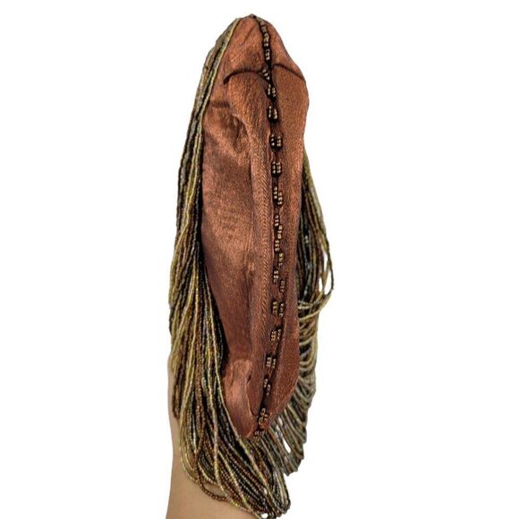 Vtg Baguette Formal Beaded Fringe Framed Kiss Closure Top‎ Handle Bronze - Picture 10 of 11